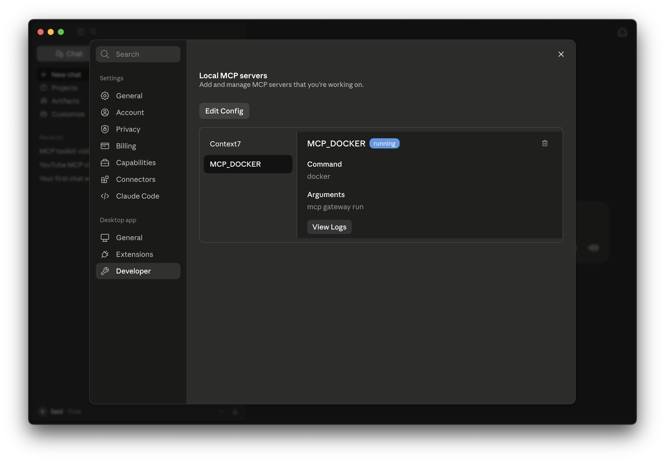 Claude Desktop Developer settings showing the MCP_DOCKER server running