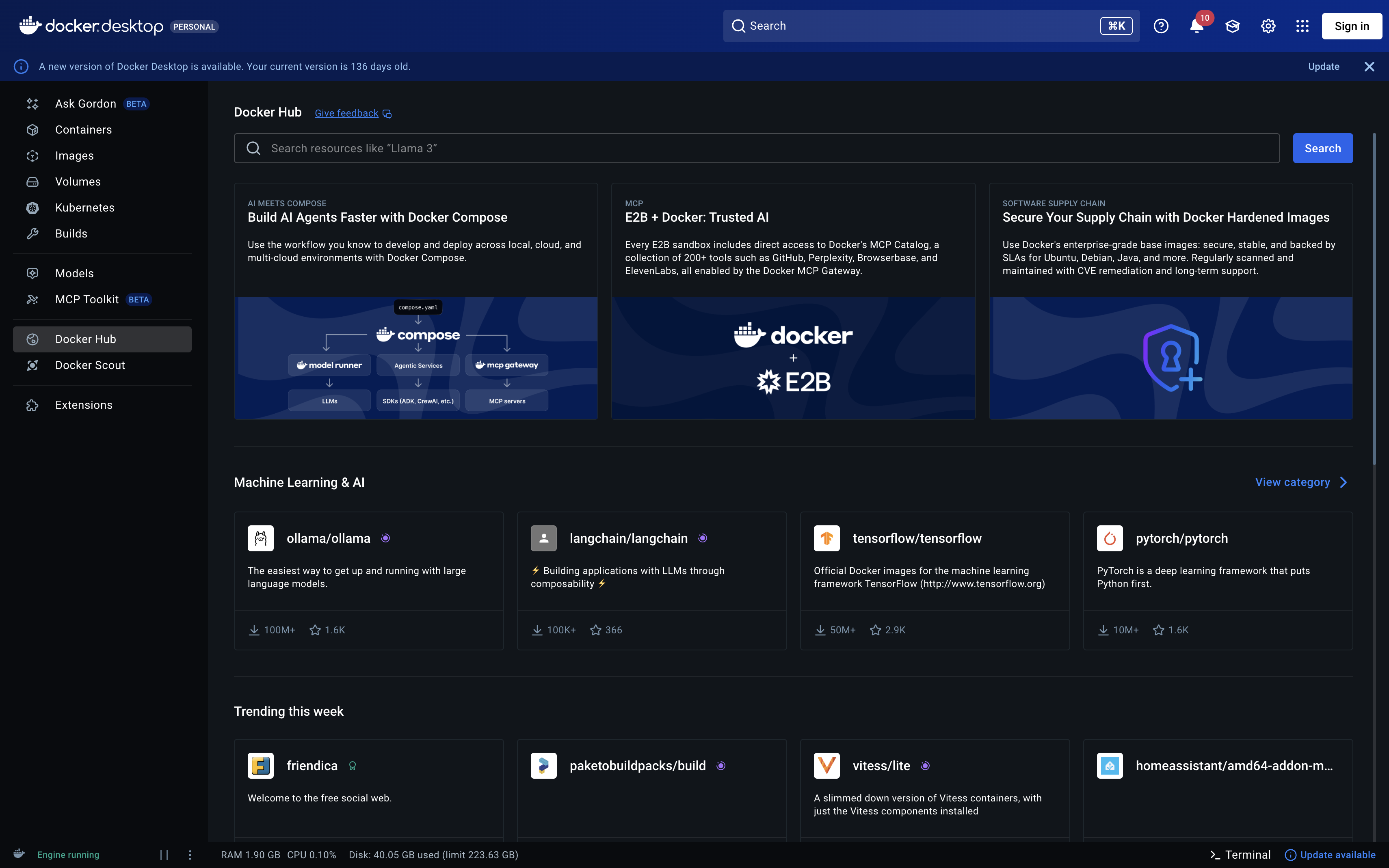 Docker Desktop dashboard with the engine running and an update banner at the top