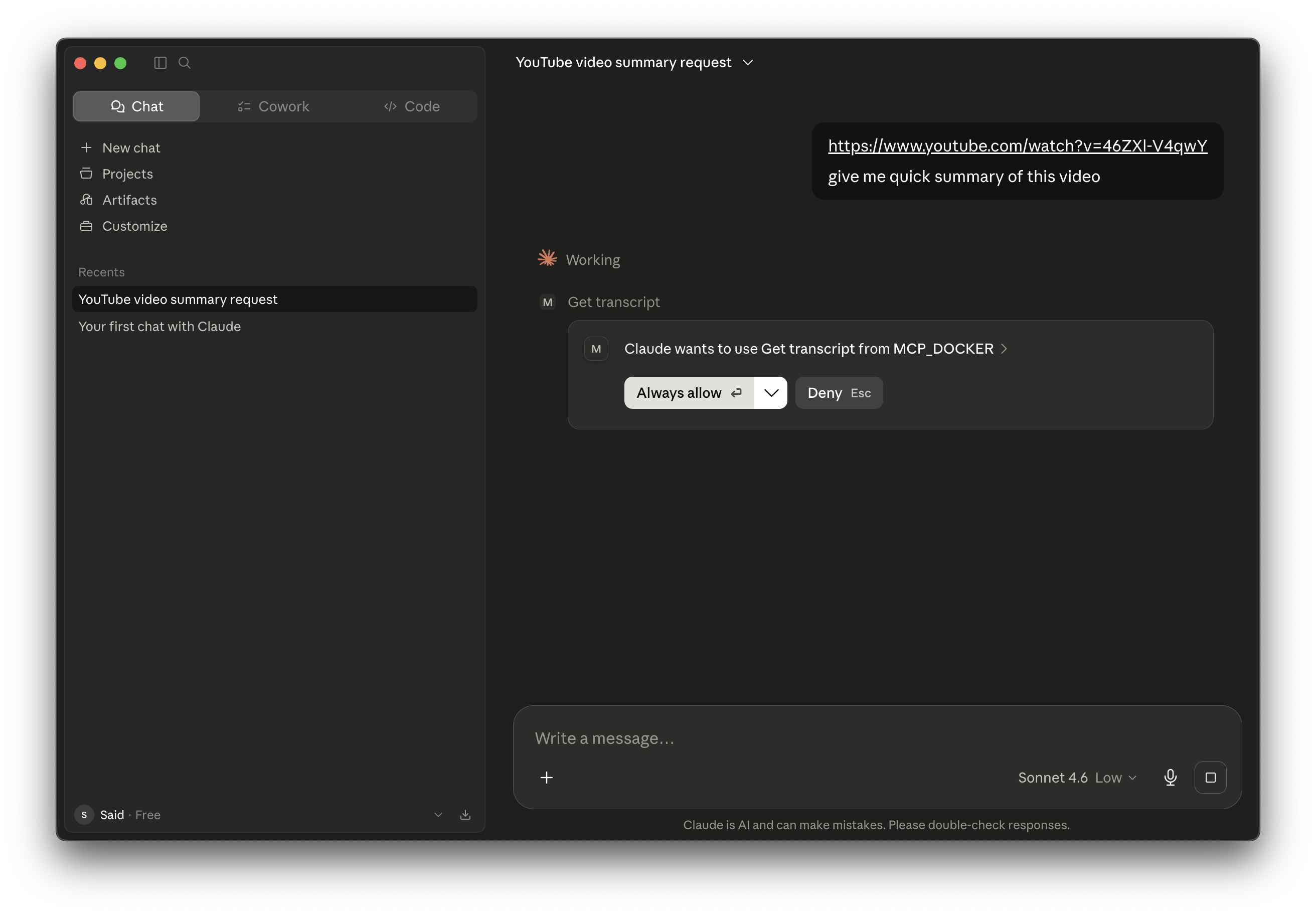 Claude asking permission to use Get transcript from MCP_DOCKER