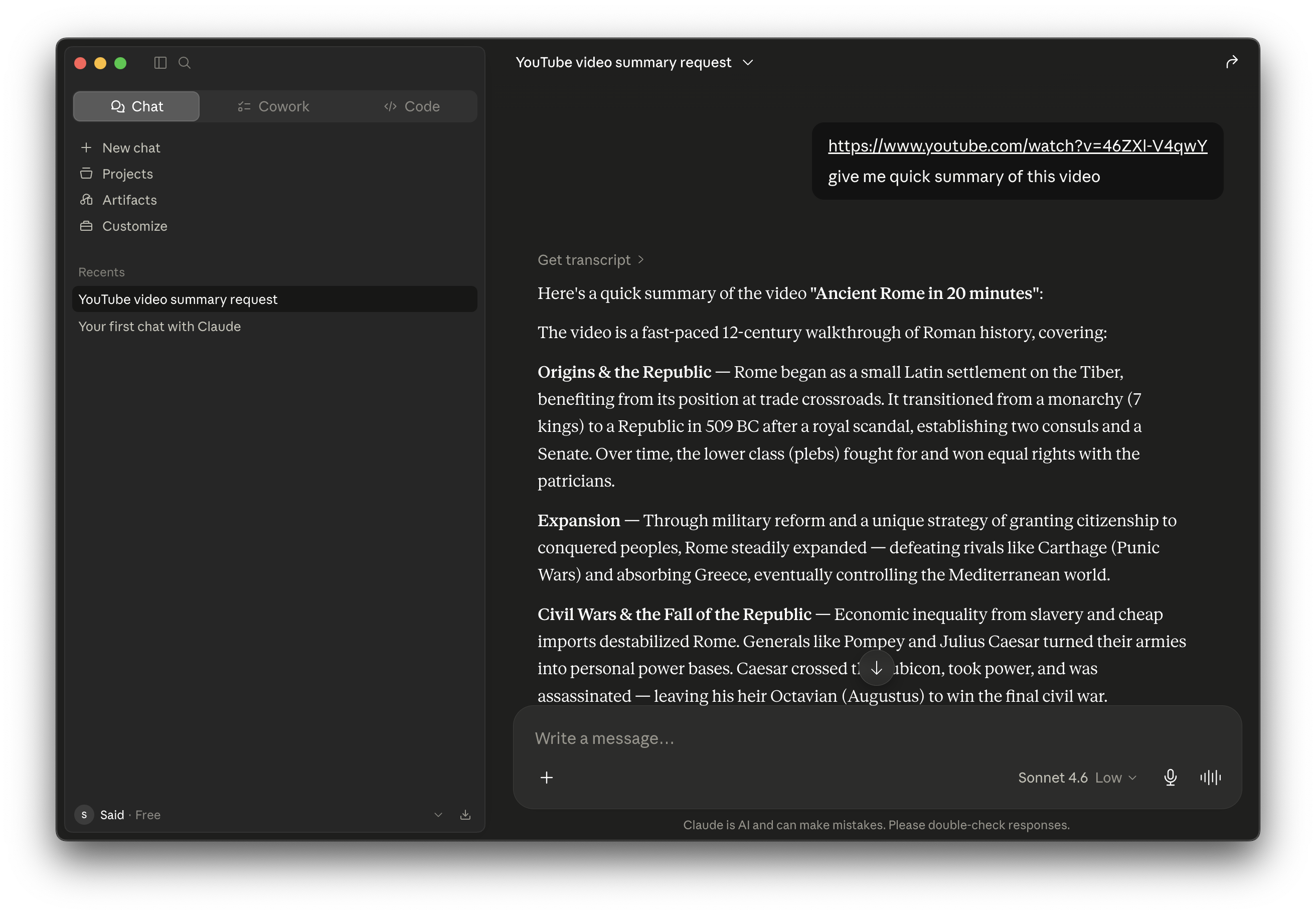 Claude returning a structured summary of the YouTube video using the transcript