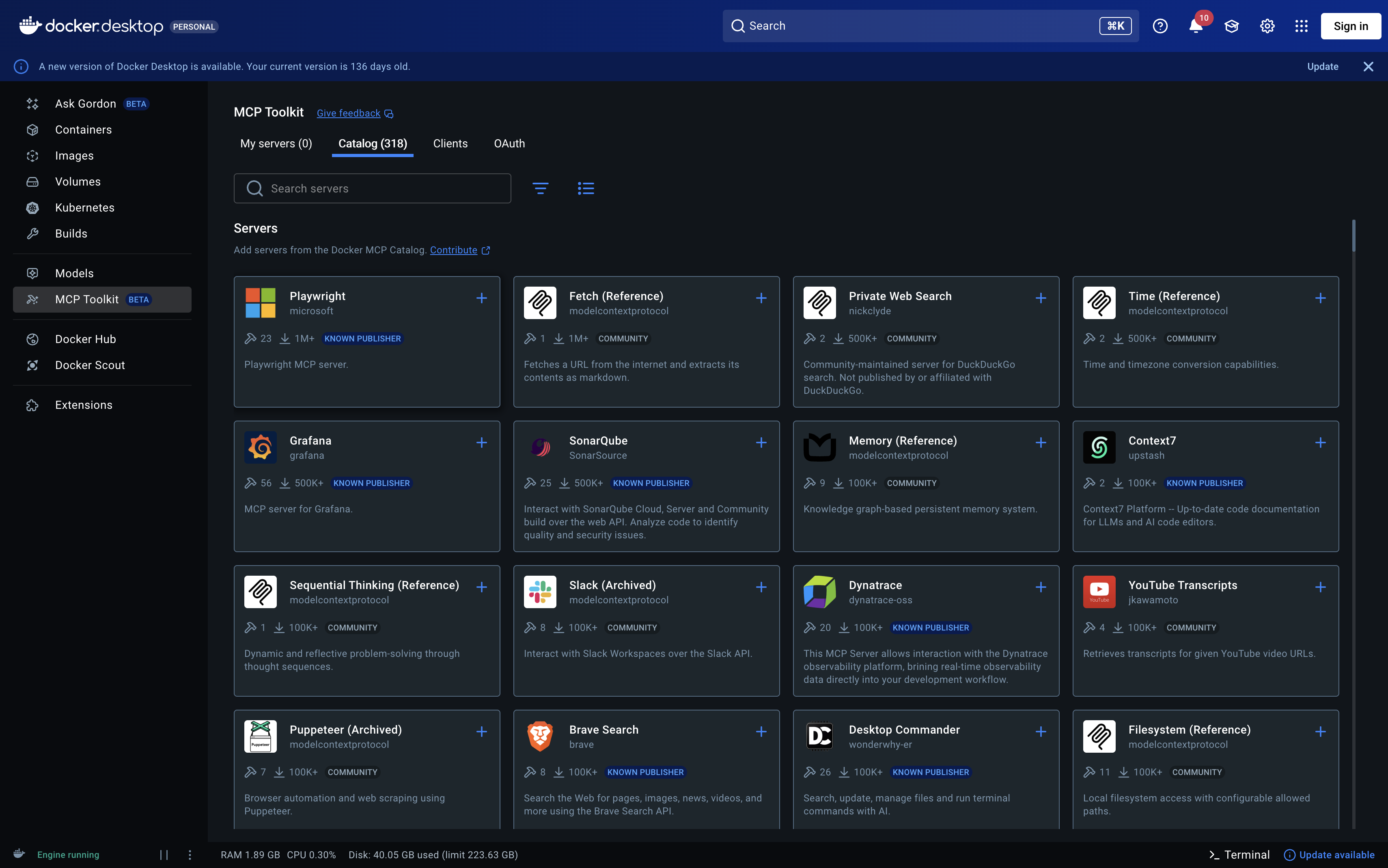 Docker MCP Toolkit catalog showing a grid of available connectors