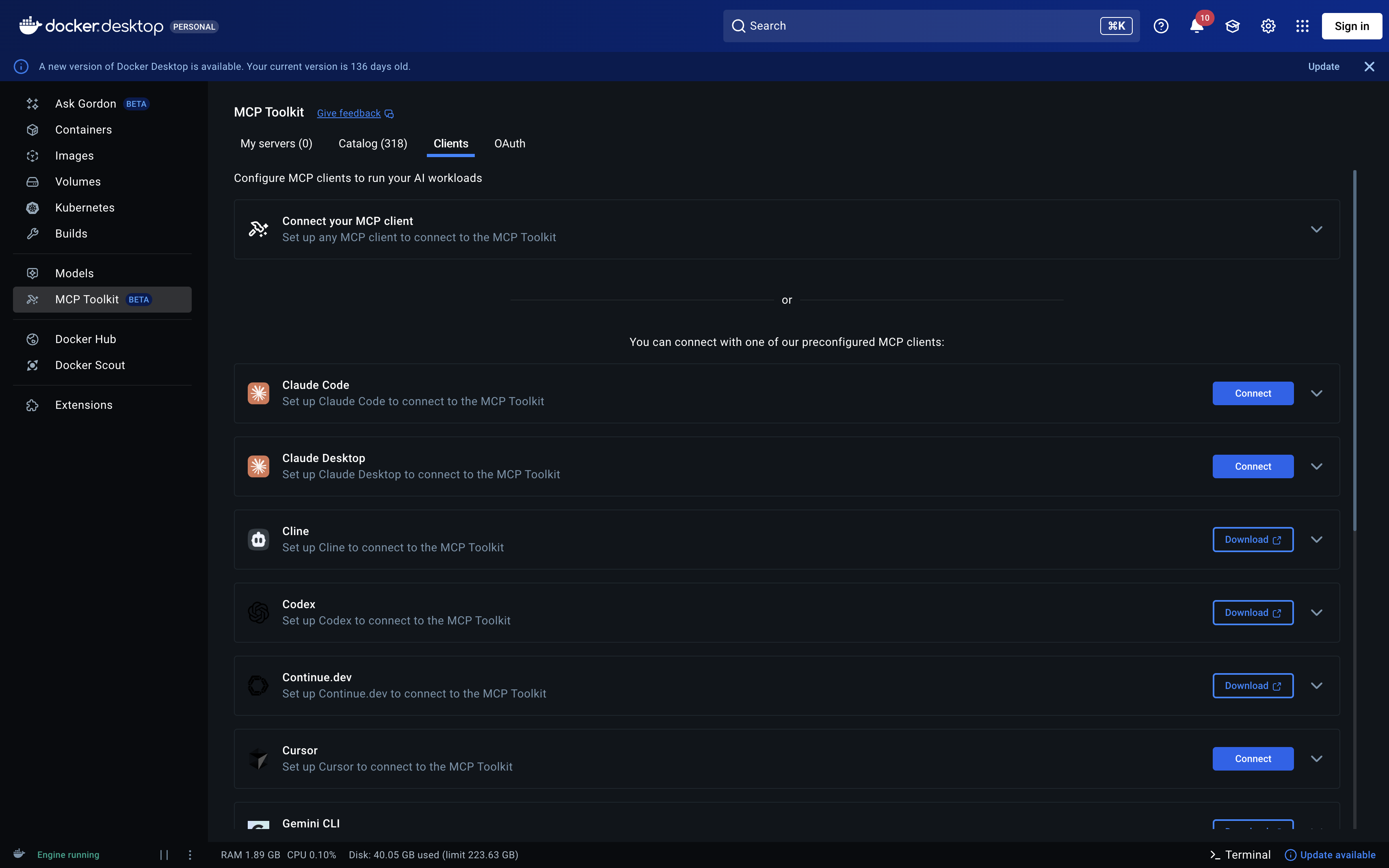 MCP Toolkit Clients tab with Connect buttons for Claude Desktop and other clients