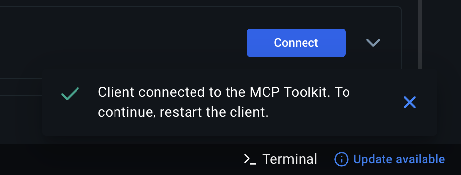 Toast notification confirming the client connected to the MCP Toolkit