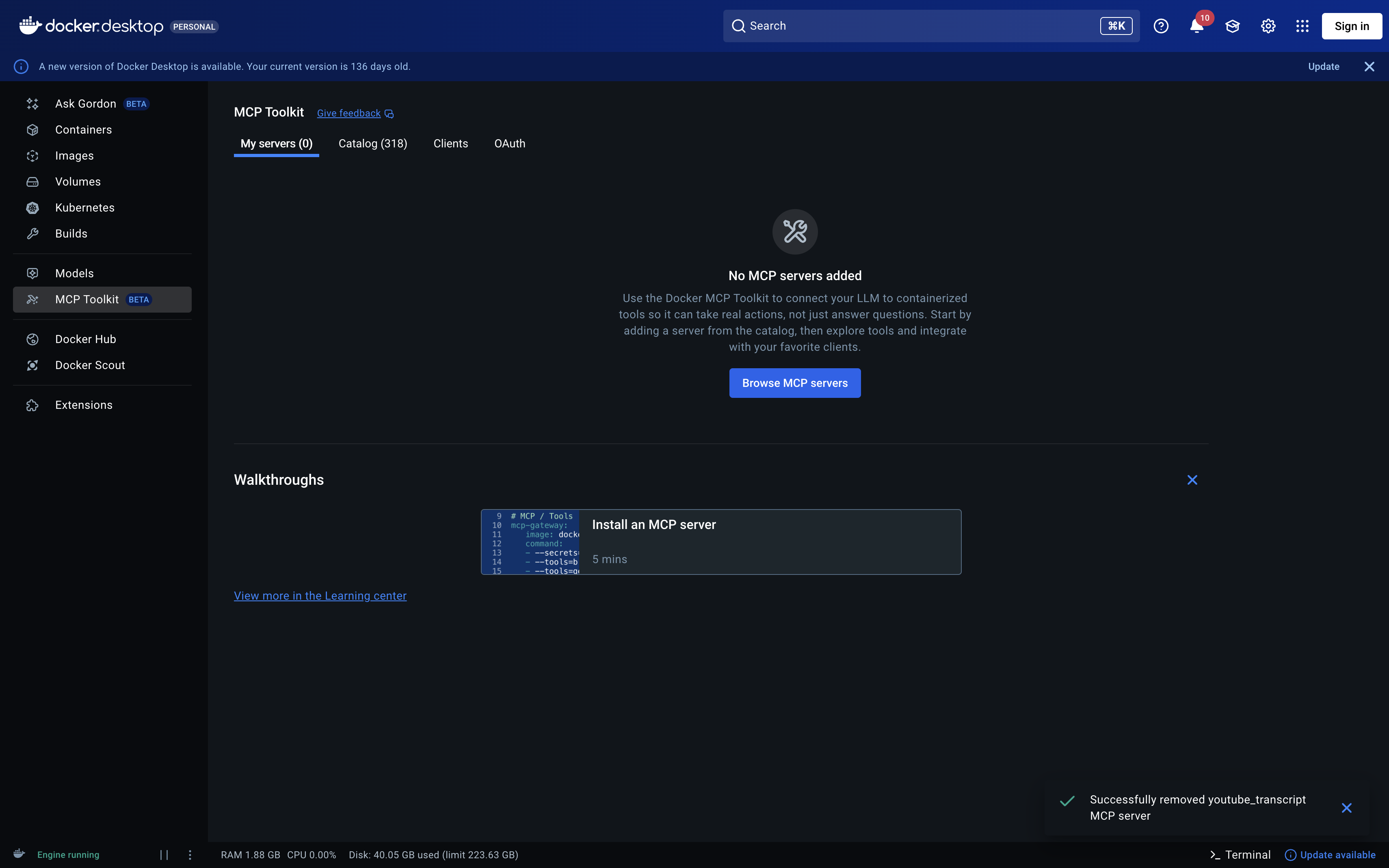 Empty MCP Toolkit page in Docker Desktop showing My servers (0)